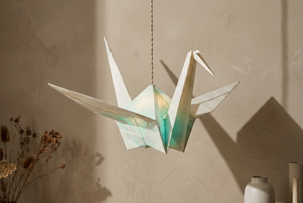 A watercolor-washed origami crane suspended against a warm plaster wall